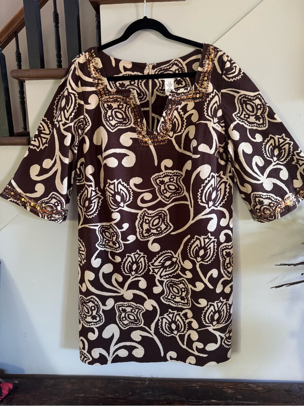 Women’s Brown & Cream Floral Tunic Dress with Embellished Neckline - Picture 10 of 10